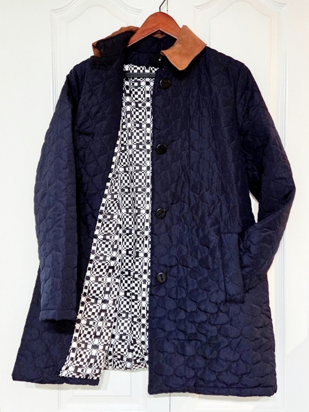 Vintage Mycra Pac Quilted Travel Coat Navy Blue USA Packable A-line Swing Medium